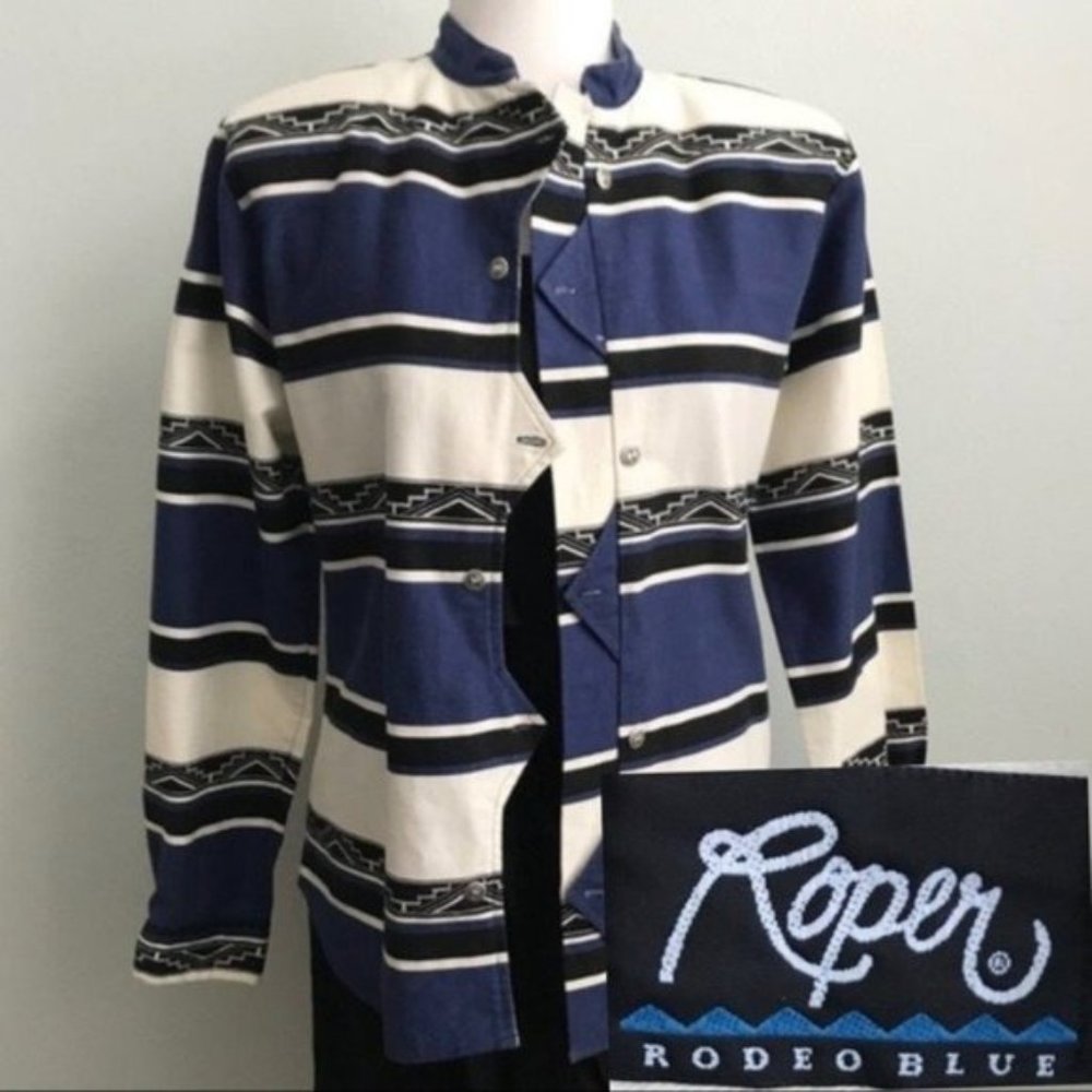 Vintage 90s Roper Striped Southwestern Button Up Top Shirt Blue k